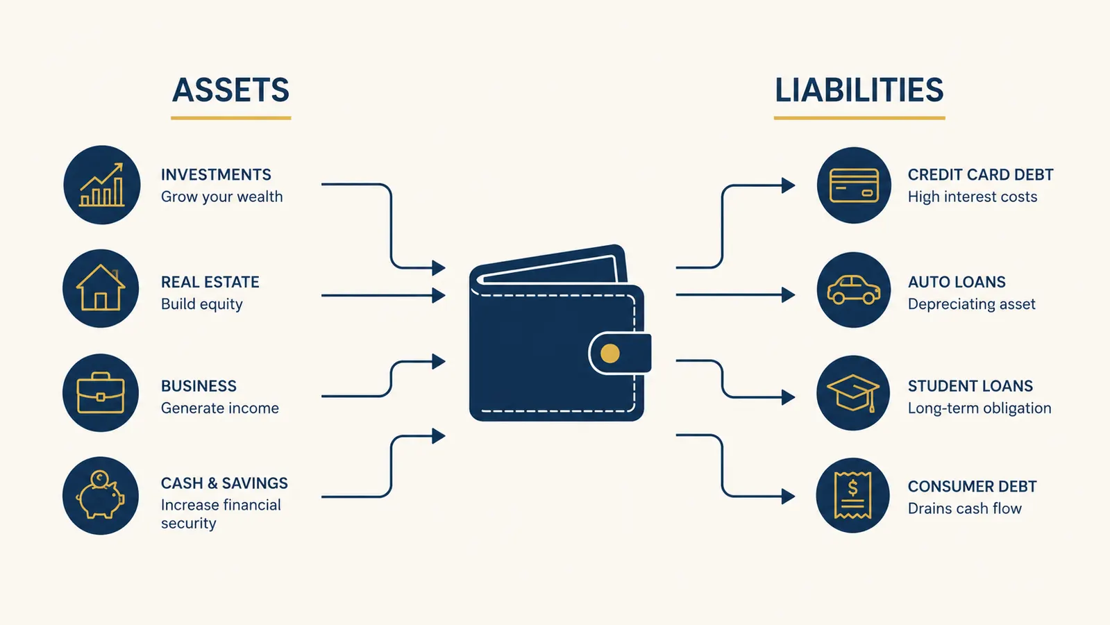 Simple diagram showing money flowing from assets into a wallet versus money flowing out from liabilities