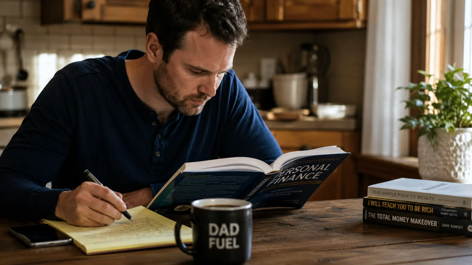 Open book on a wooden kitchen table beside a cup of coffee and a notepad with handwritten money notes