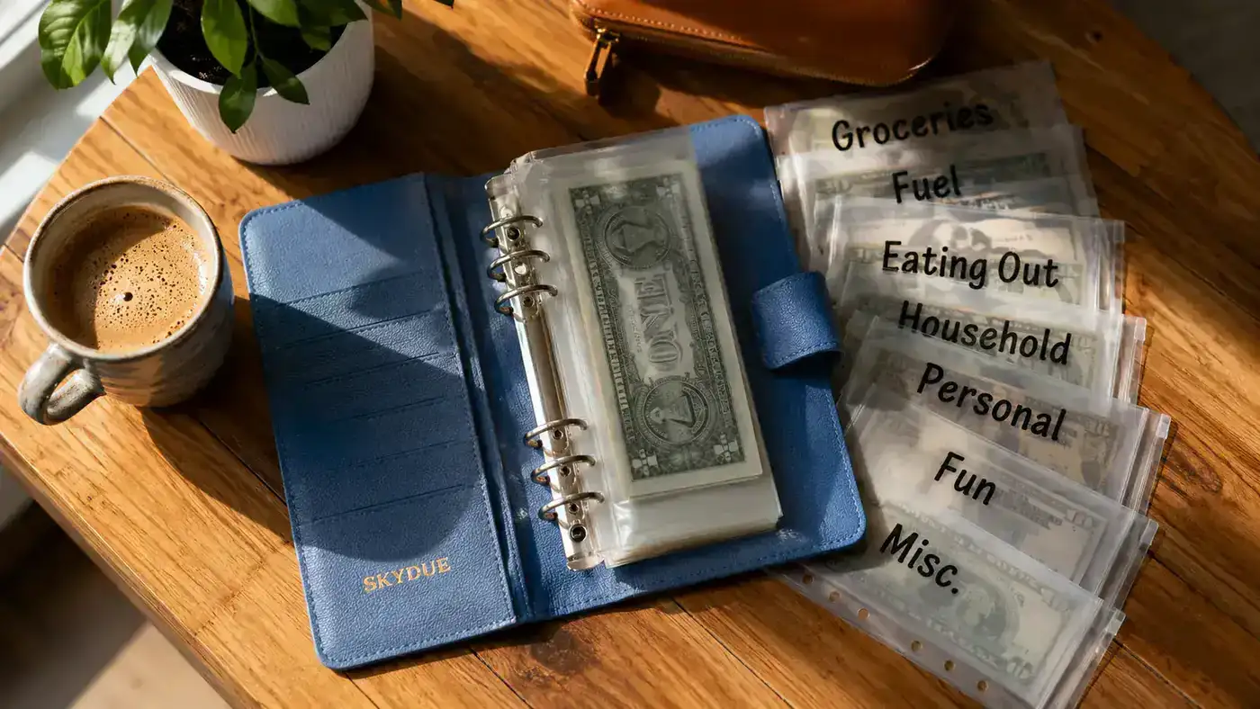 A neatly organized SKYDUE budget binder open on a kitchen table with labeled cash envelopes fanned out beside it