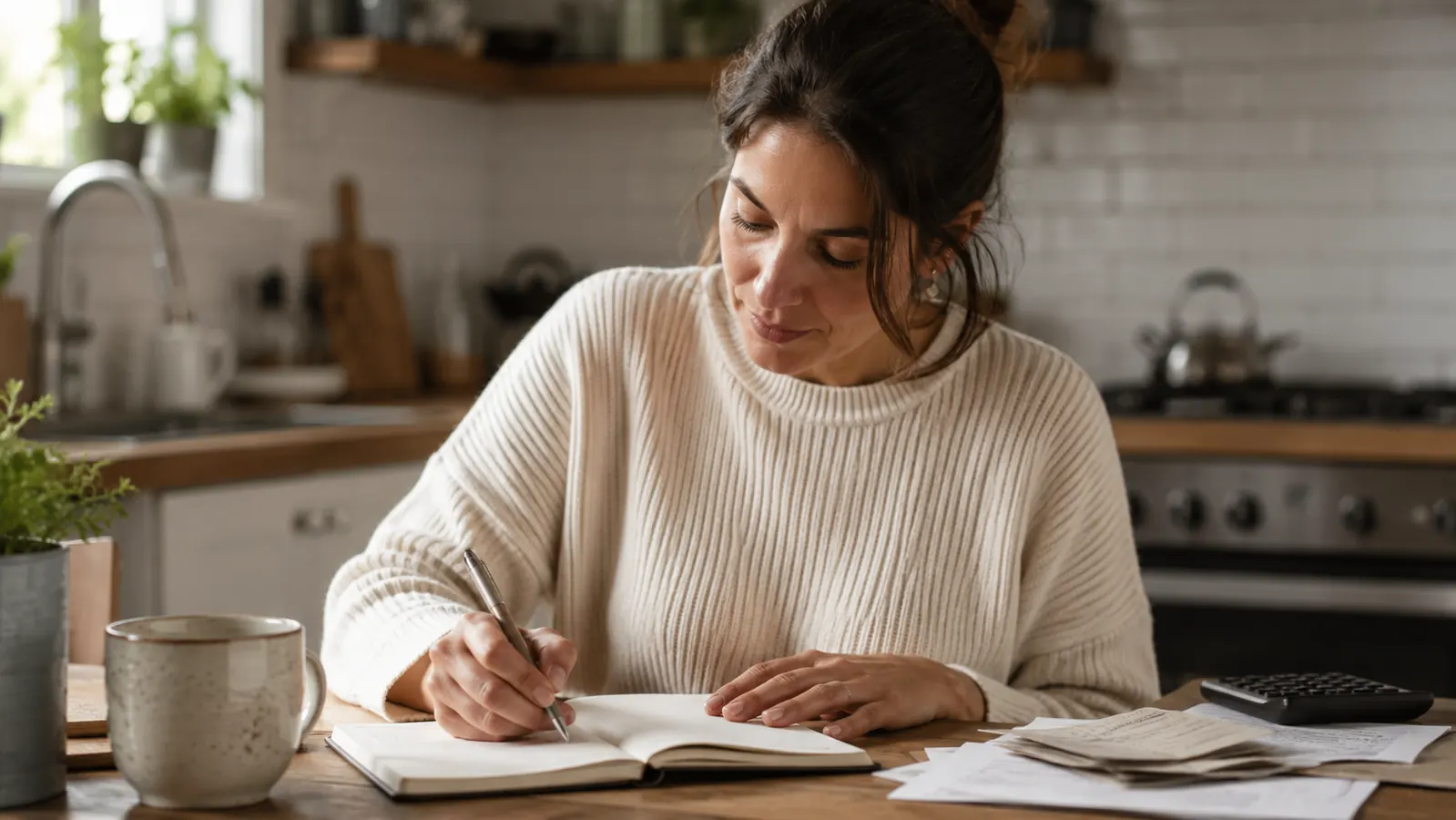 Person writing a monthly budget in a notebook at a kitchen table with a cup of coffee nearby