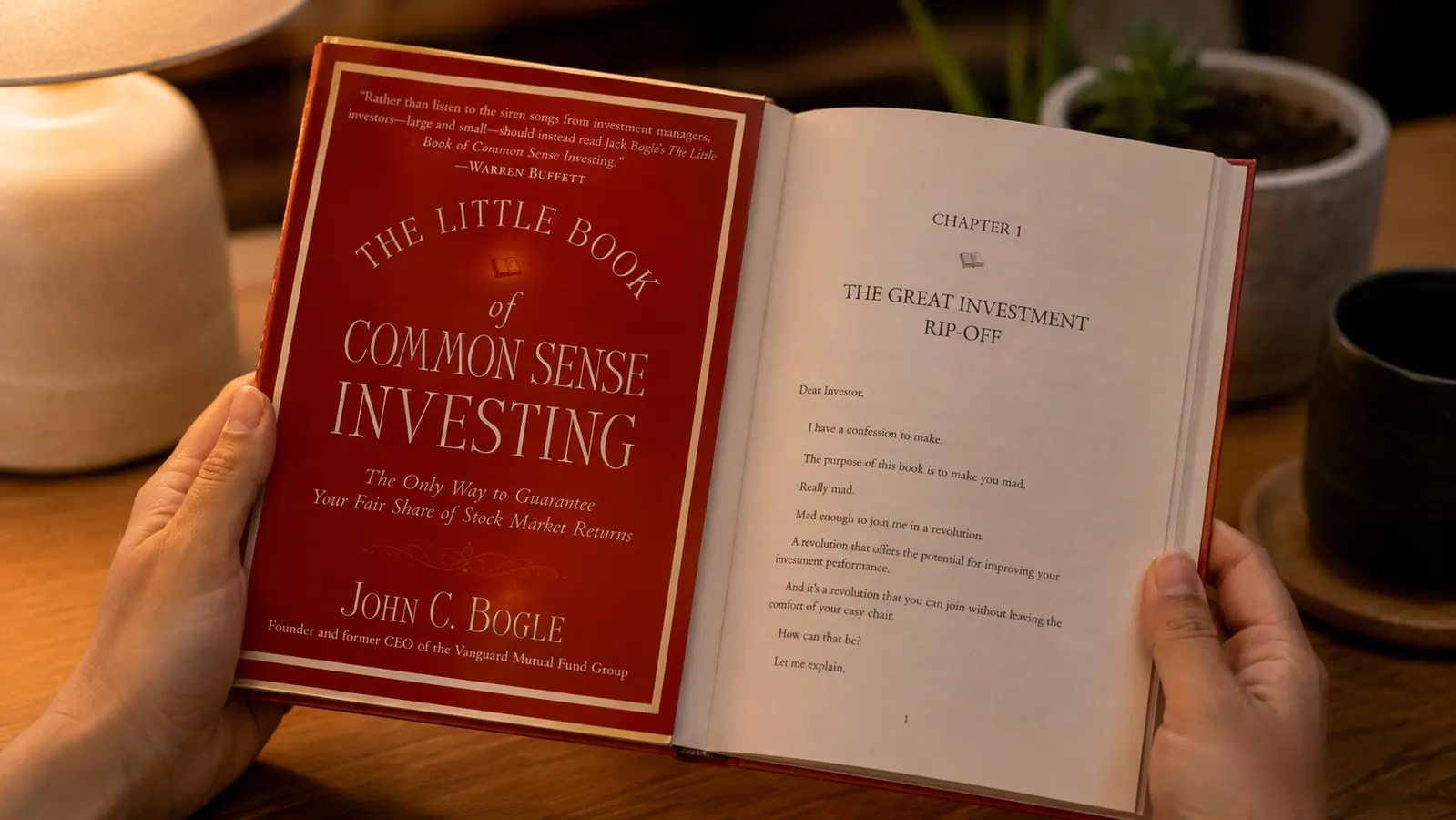 The Little Book of Common Sense Investing by John Bogle held open to a chapter page