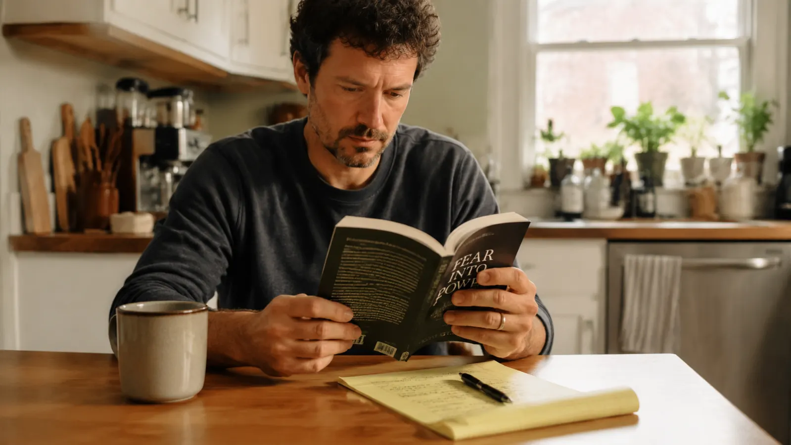 Person sitting at a kitchen table with a cup of coffee and a personal finance book open beside a notebook with investment notes