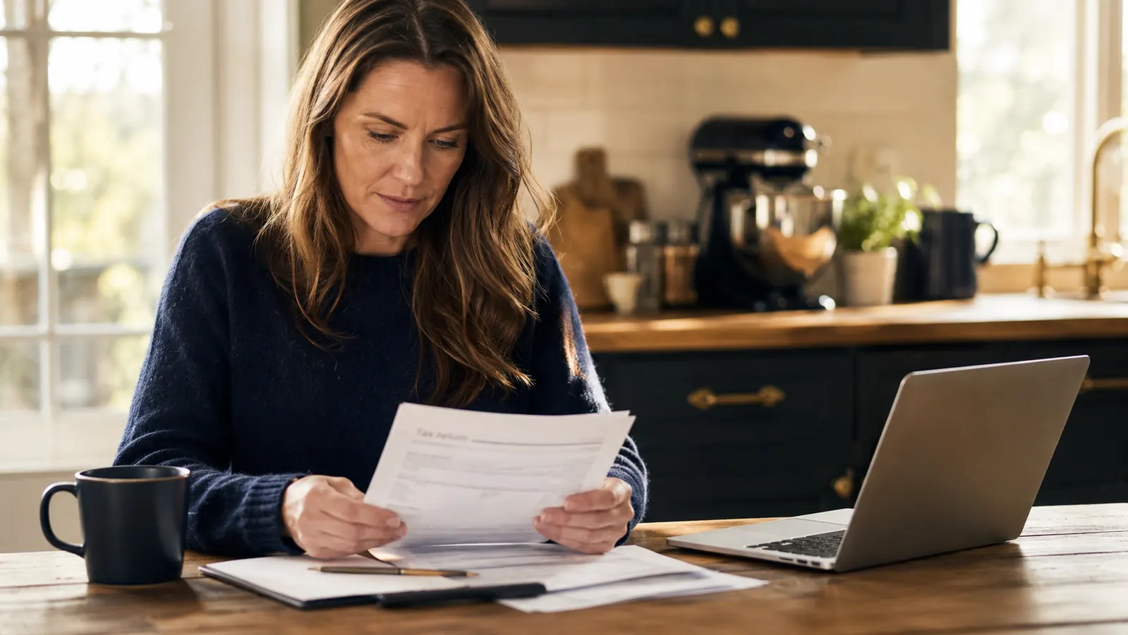 Person sitting at a kitchen table with a folder of tax documents, a pencil, and a cup of coffee, looking thoughtful