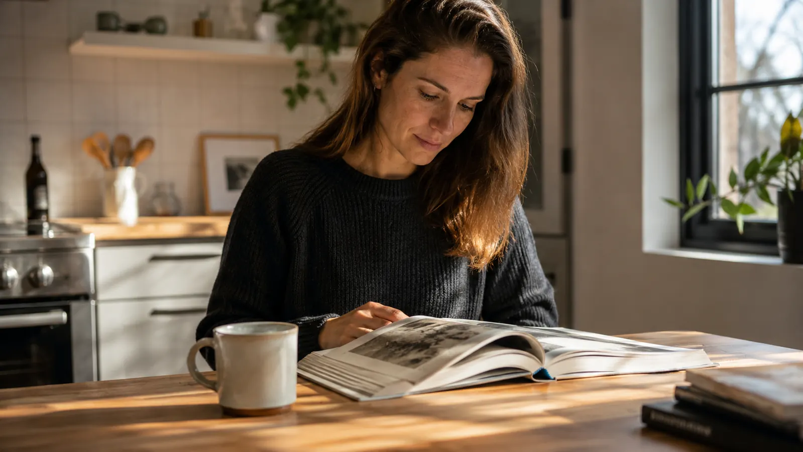 Woman sitting at a kitchen table with a personal finance book open, coffee mug nearby, reading under warm morning light
