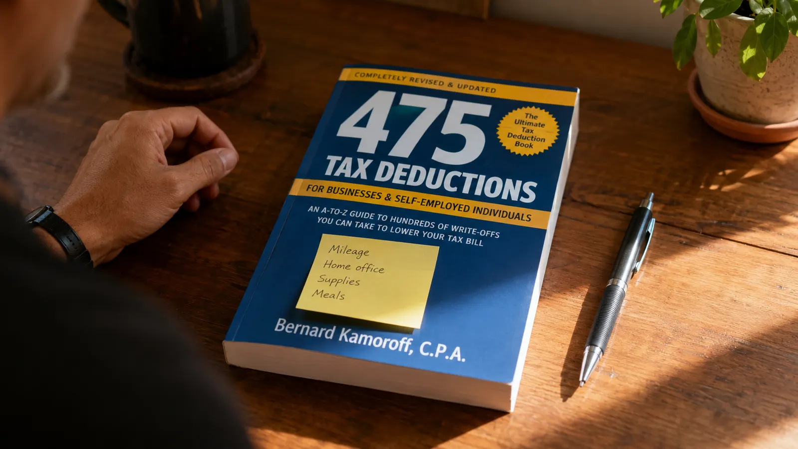 Close-up of the 475 Tax Deductions book lying flat on a desk with a sticky note and pen resting on the cover