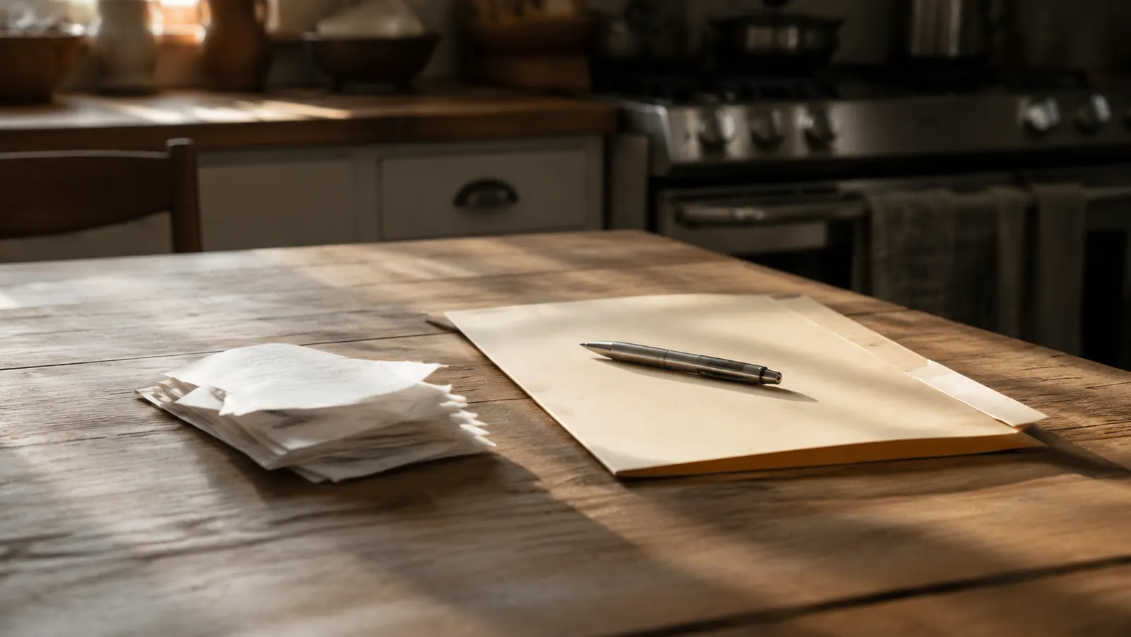 Stack of receipts and a pocket folder on a table, suggesting organized record-keeping