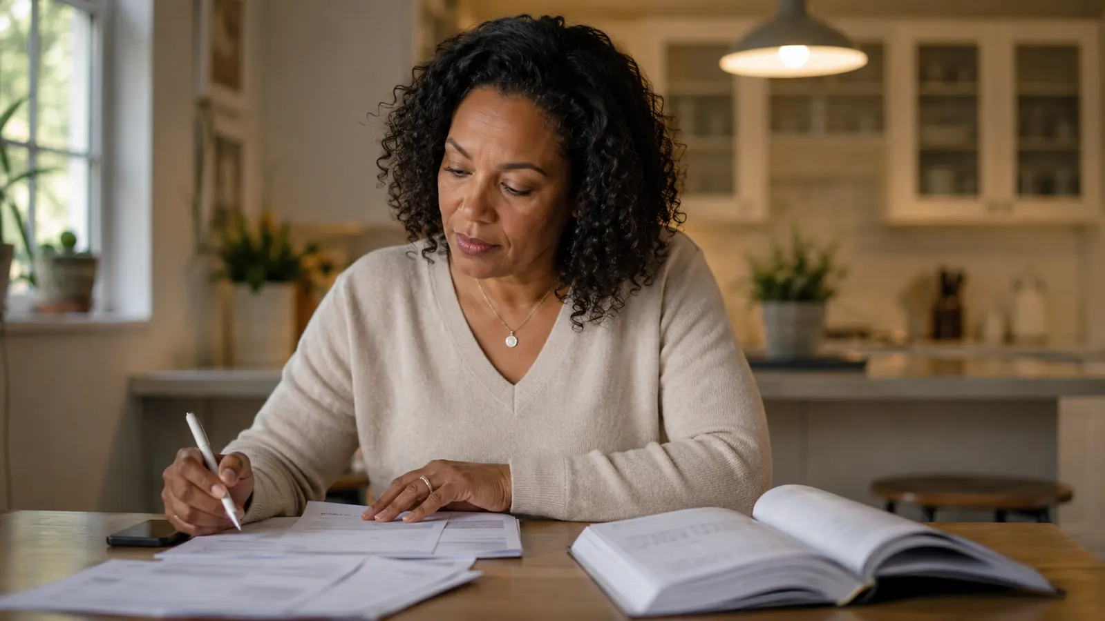Woman at a kitchen table with tax paperwork and a reference book, looking thoughtful rather than stressed