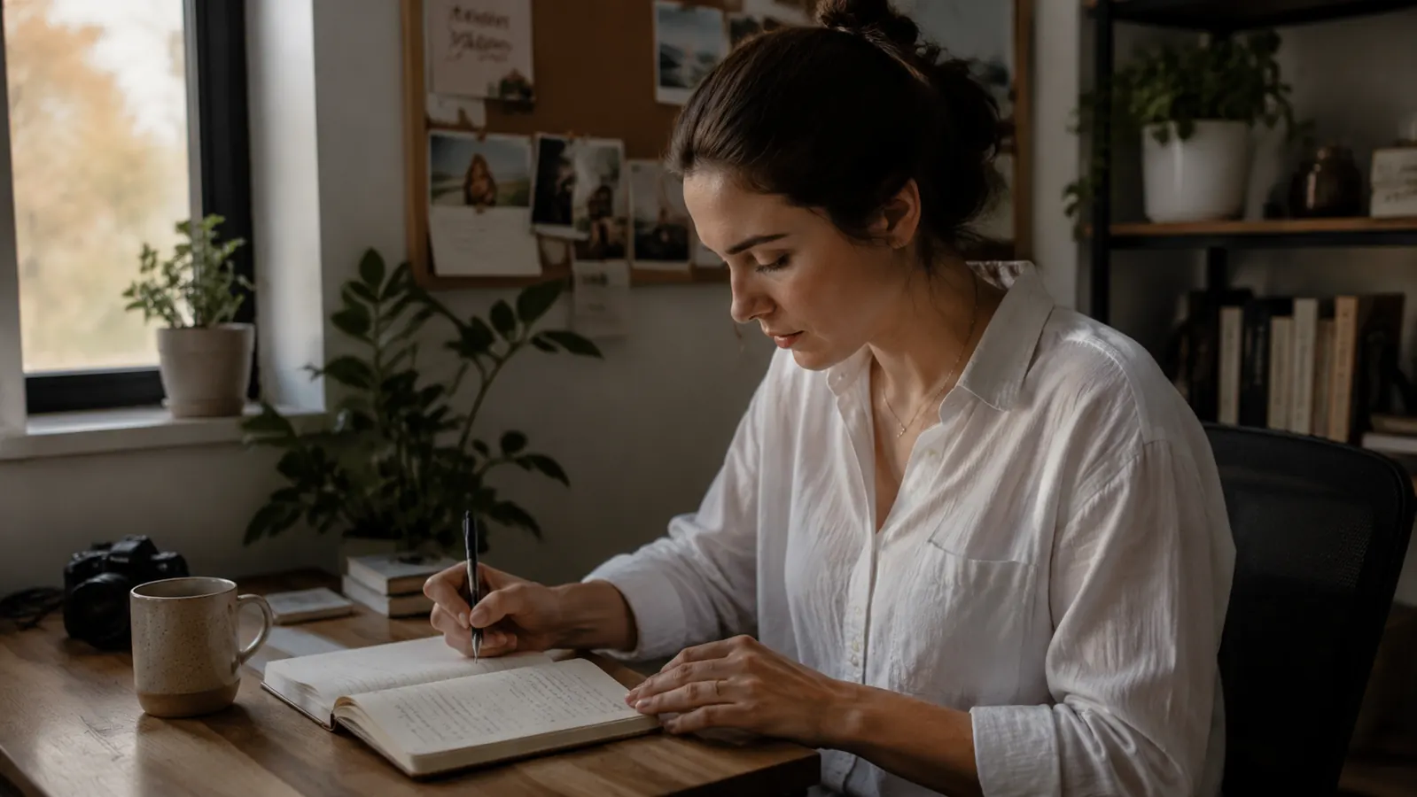 Person at a home office desk reviewing notes in a notebook with a cup of coffee, relaxed and focused