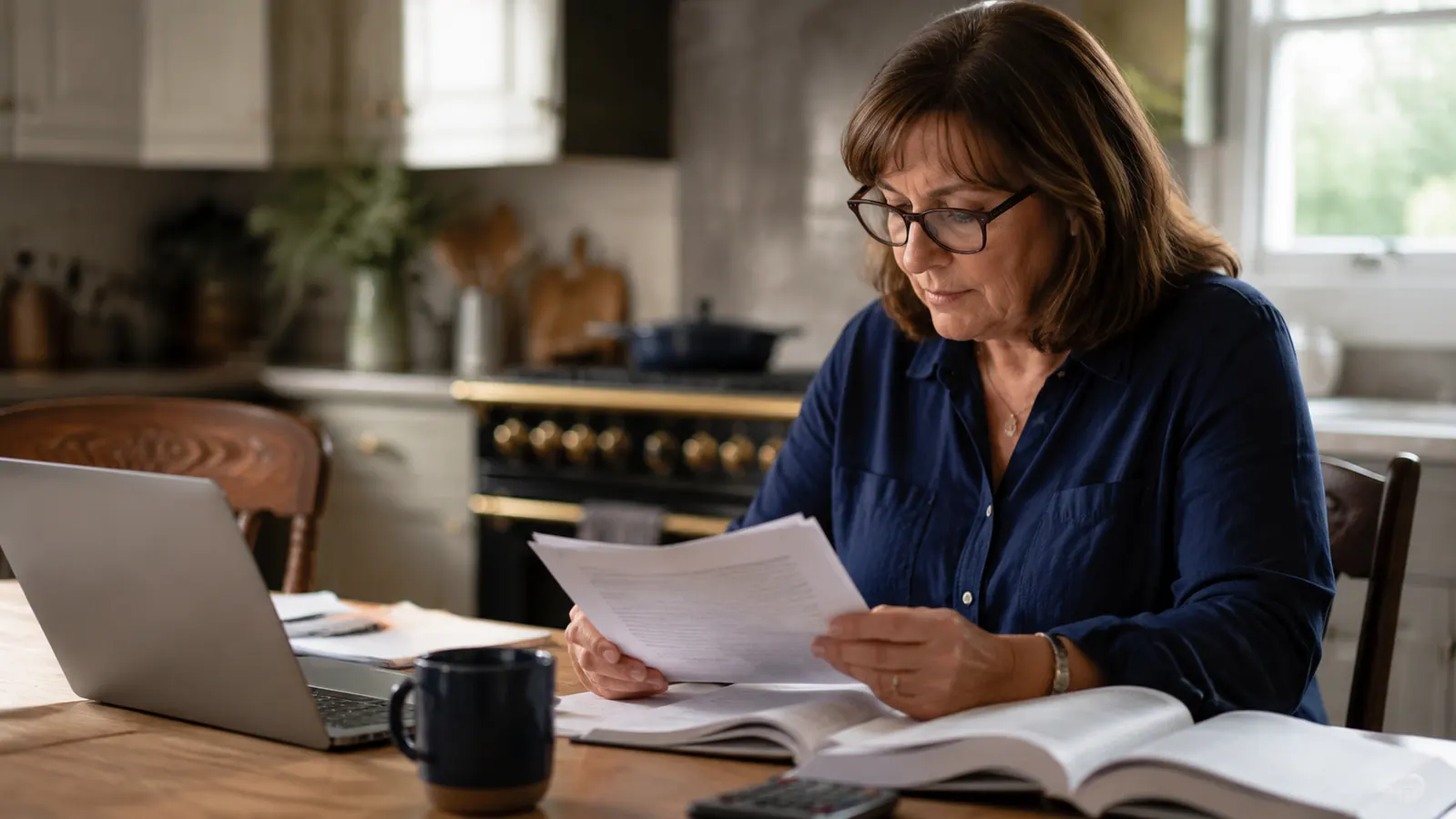Person sitting at a kitchen table with a tax reference book open beside a laptop showing tax forms
