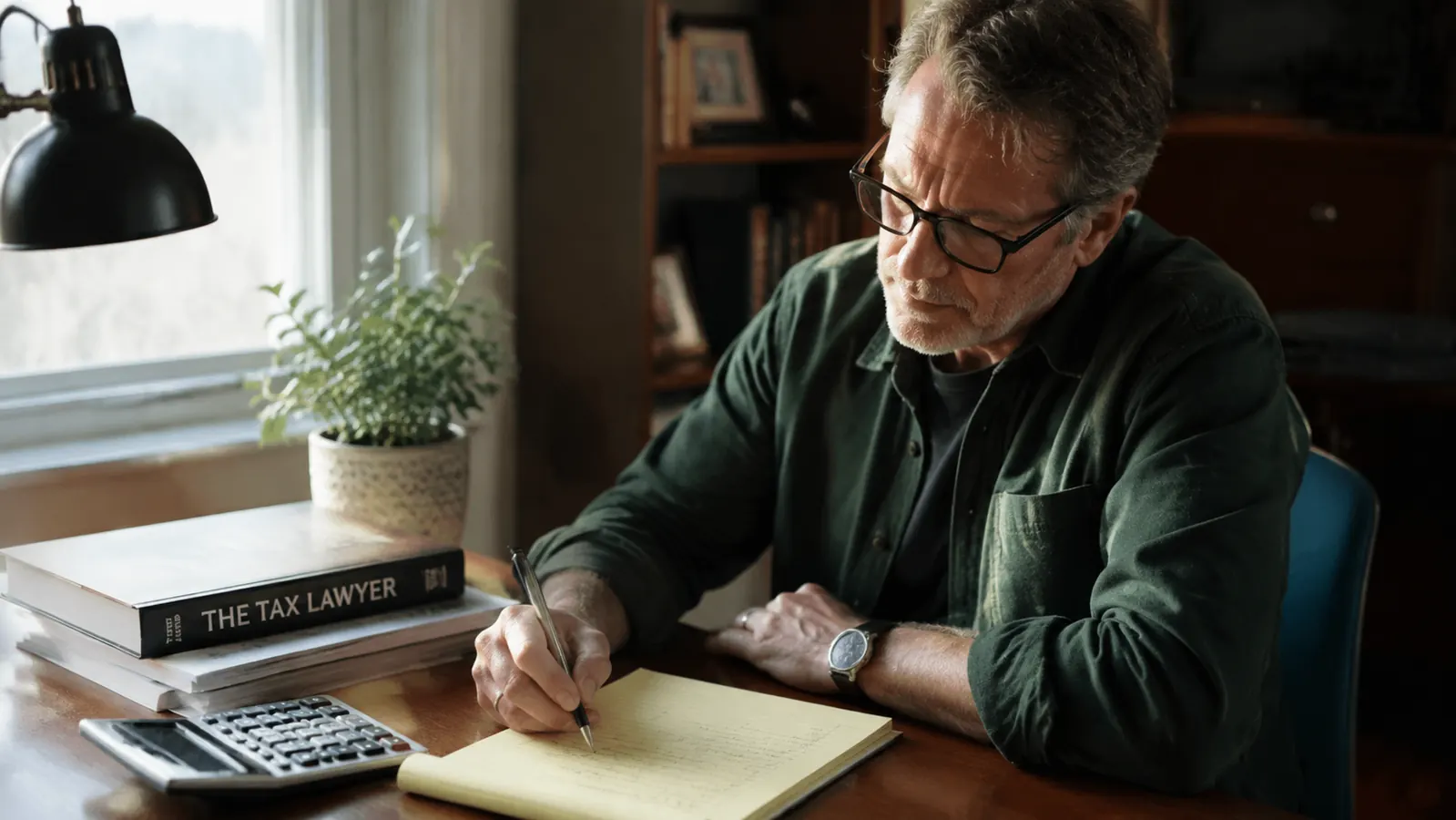 Person sitting at a desk reviewing handwritten notes next to a tax book before filing