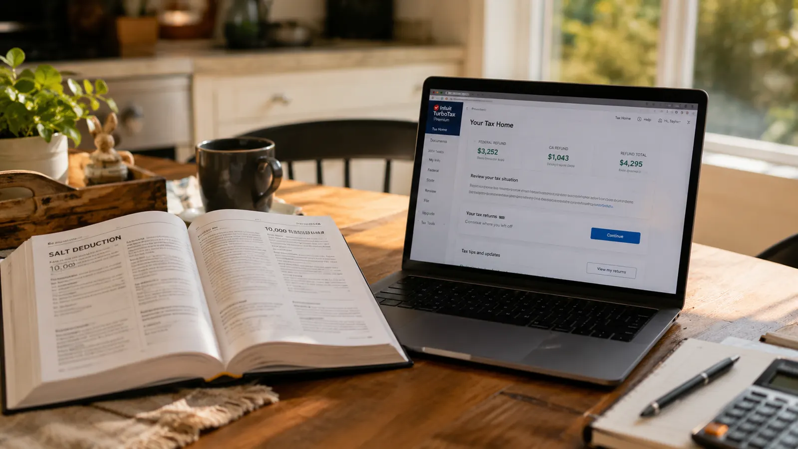 A kitchen table with a tax reference book open next to a laptop showing tax filing software, warm morning light
