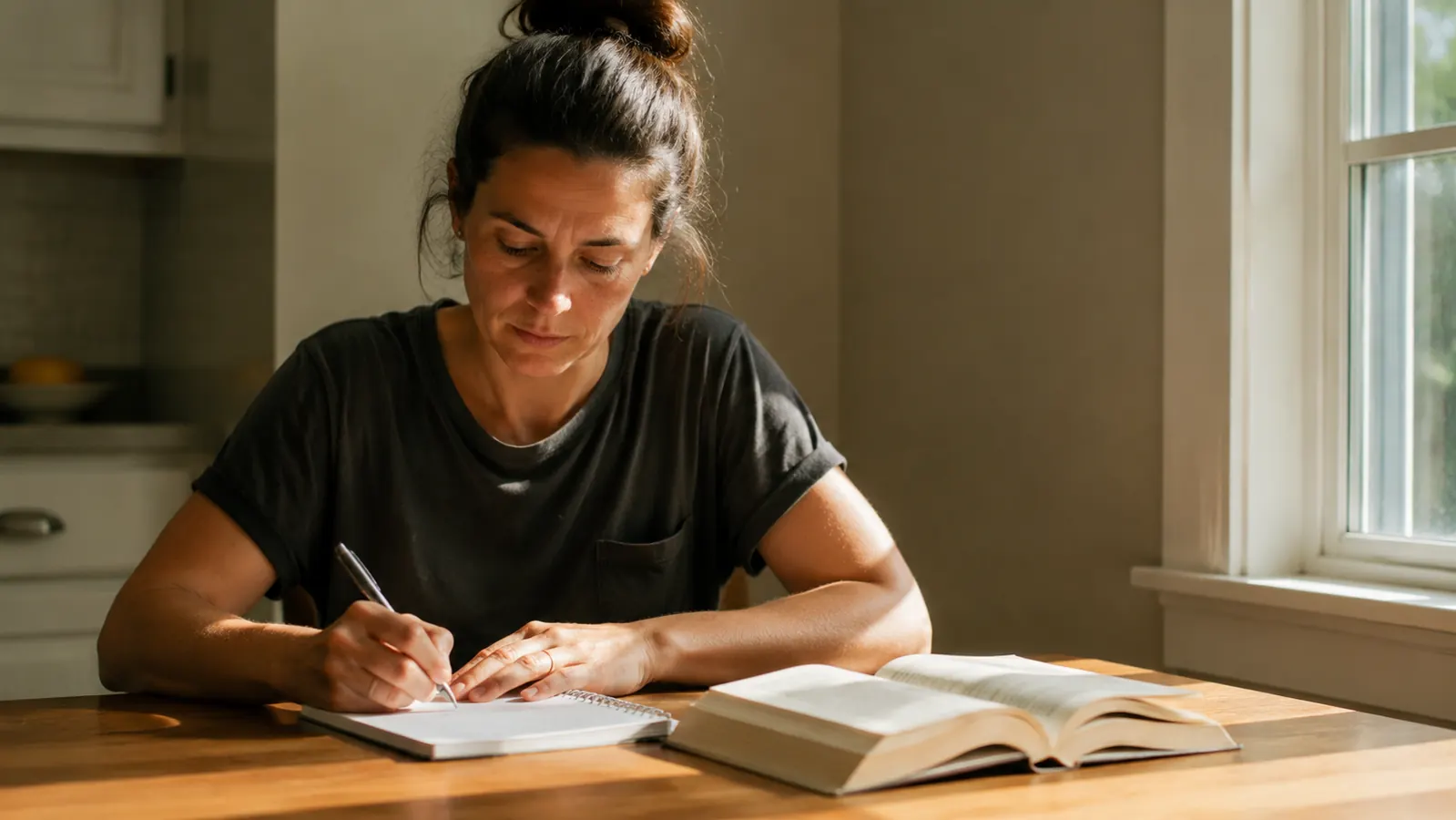 Person at a kitchen table writing in a notebook next to a cup of coffee and a personal finance book, morning light through a window