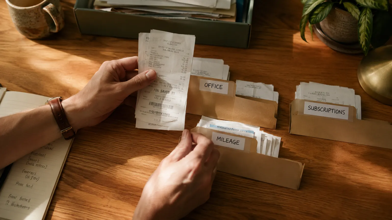 Person organizing receipts into labeled folders on a desk