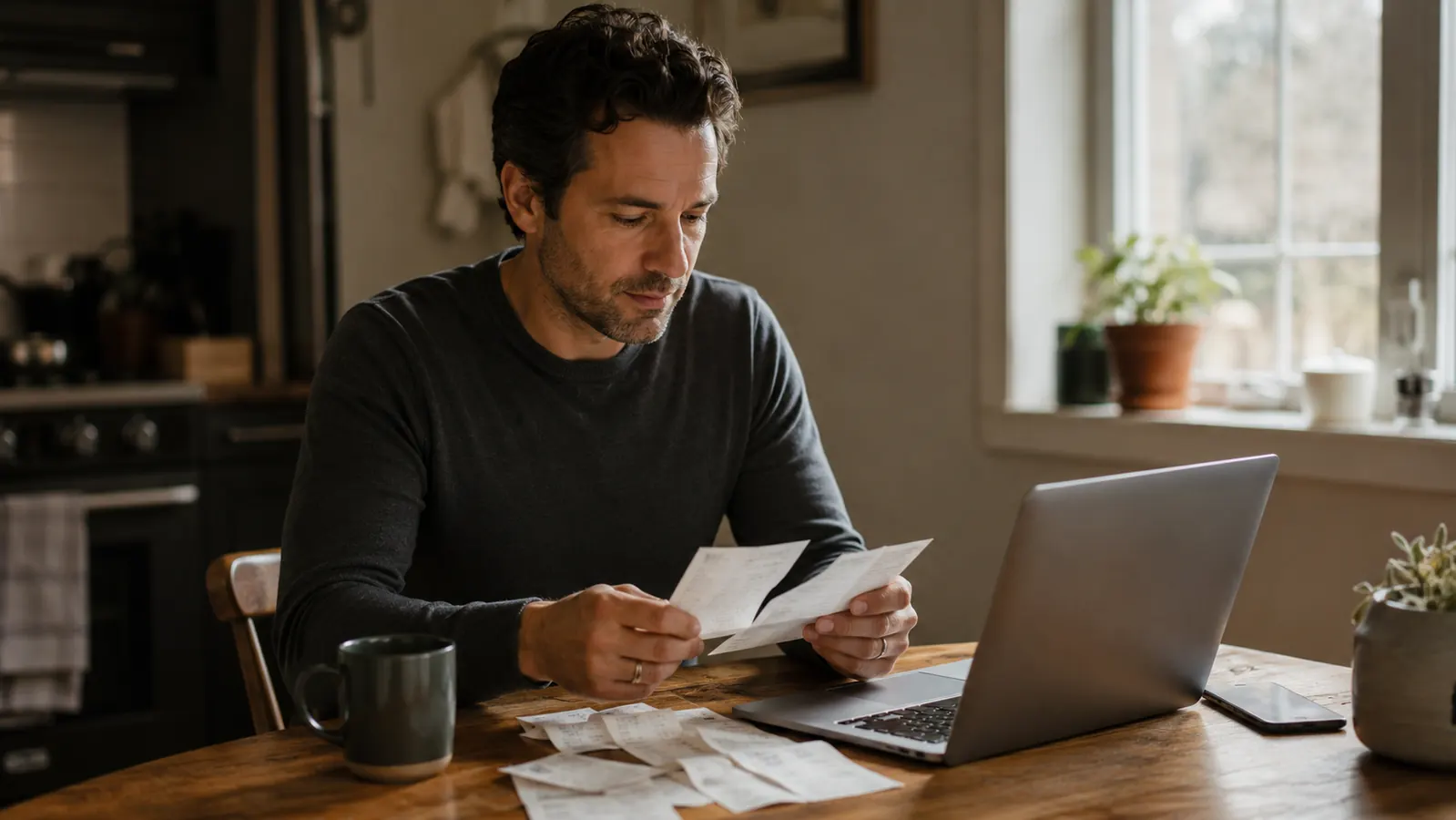 Person sitting at a kitchen table with a laptop, receipts, and a coffee mug, reviewing documents
