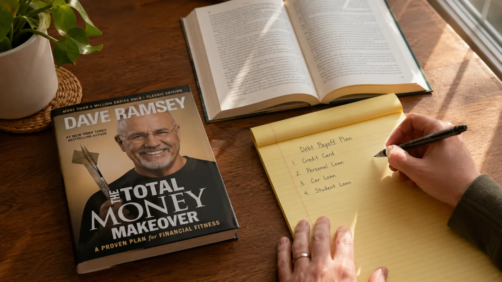 Open copy of The Total Money Makeover book lying flat on a desk beside a handwritten debt list on a legal pad