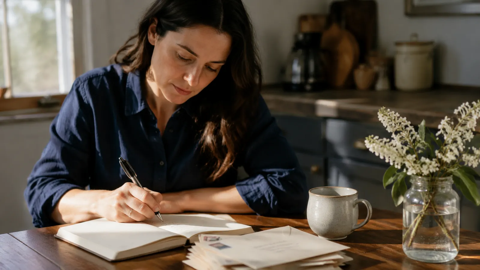 Person sitting at a kitchen table with a notebook, pen, and stack of bills, writing out a debt payoff plan