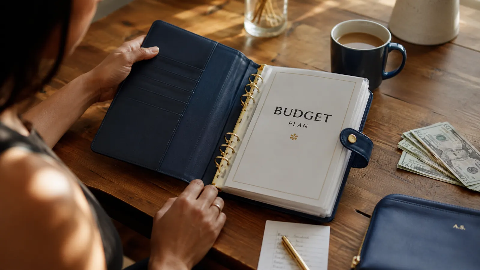 SKYDUE Budget Binder open on a kitchen table next to a cup of coffee and a small stack of cash