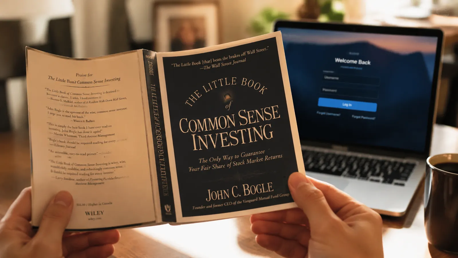 Hand holding a copy of The Little Book of Common Sense Investing by John Bogle open to a page, with a brokerage account screen visible on a laptop in the background
