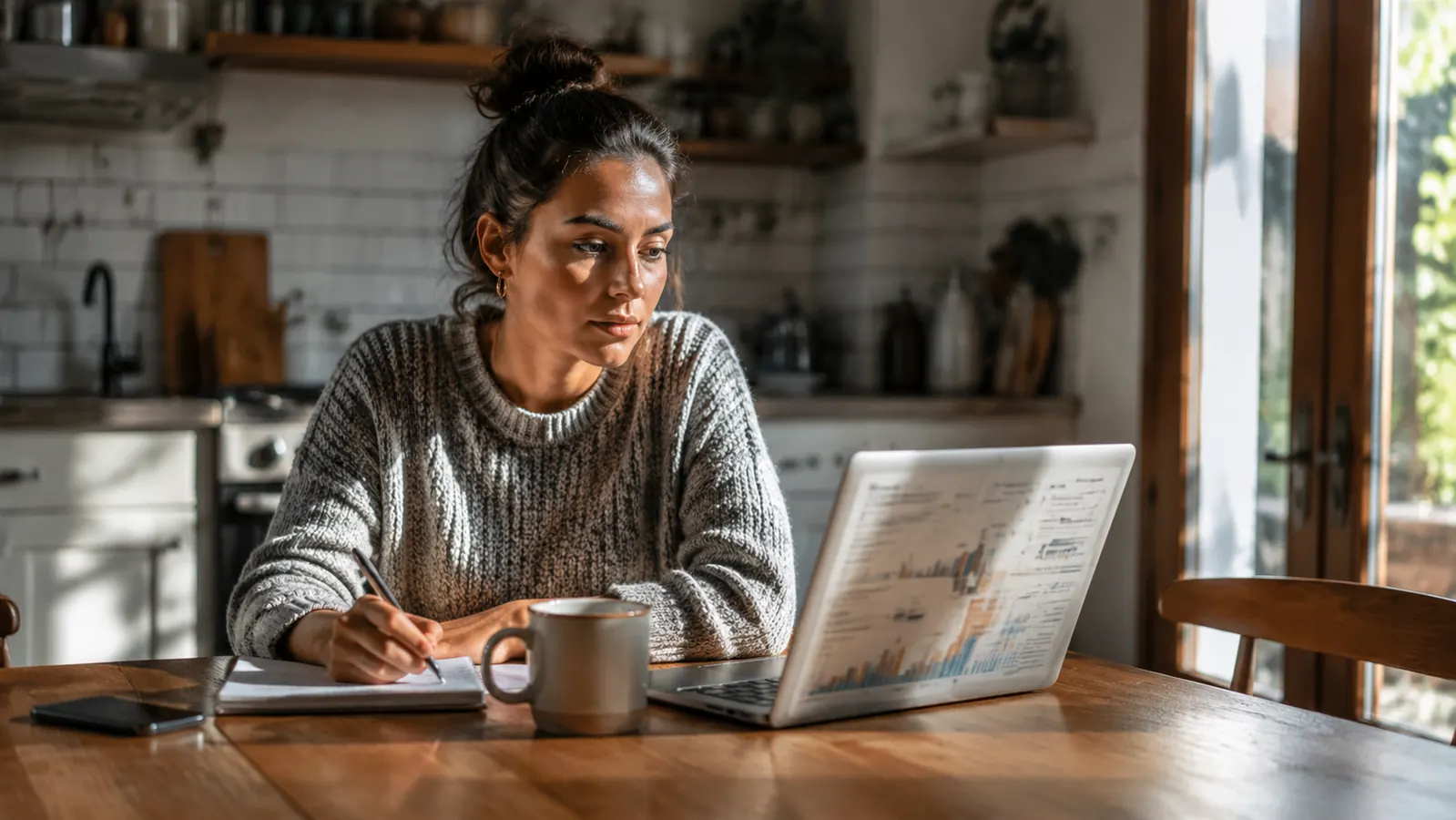 Person sitting at a kitchen table with a laptop open, a notebook with financial notes, and a cup of coffee, looking calm and focused