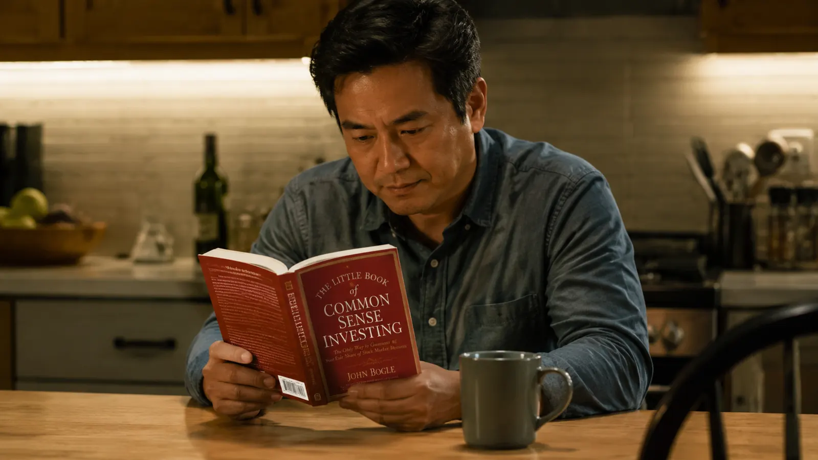 Man in his late 30s reading a small paperback investing book at a kitchen table with a mug of coffee, looking skeptical but engaged