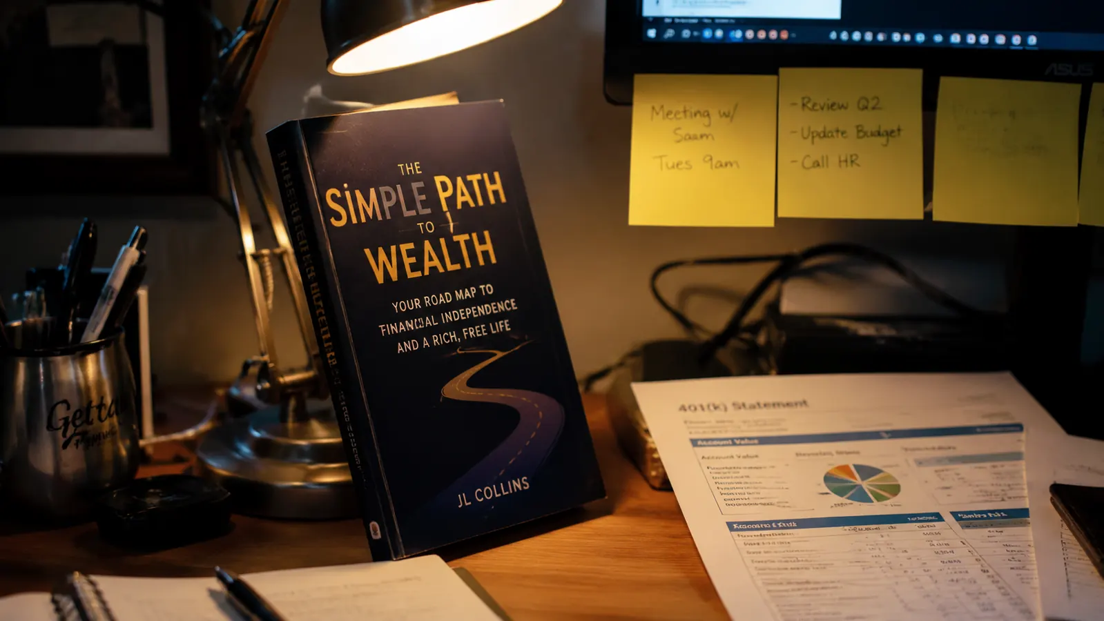 A copy of The Little Book of Common Sense Investing sitting on a cluttered desk beside a calculator, sticky notes, and a printed 401k statement