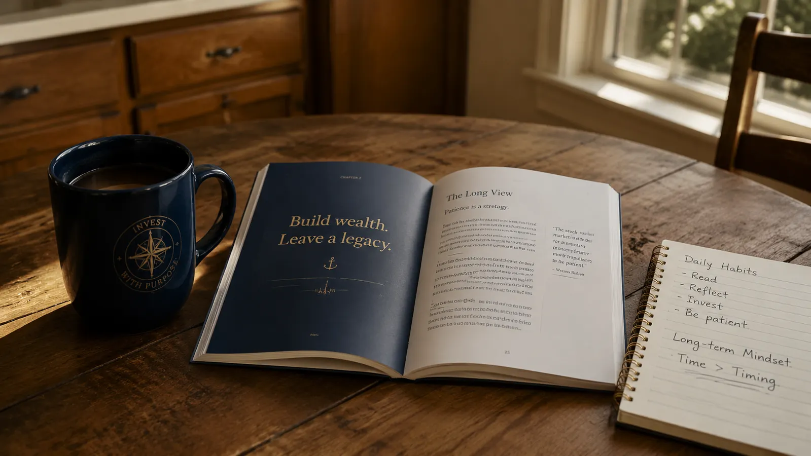A worn copy of The Little Book of Common Sense Investing open on a kitchen table next to a cup of coffee and a notepad with handwritten budget notes