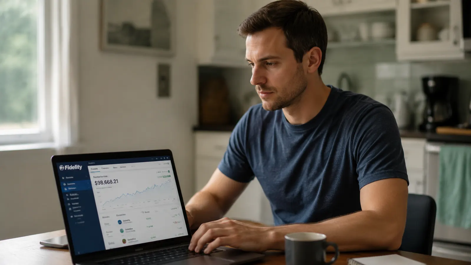 Person sitting at a laptop reviewing an index fund account on screen