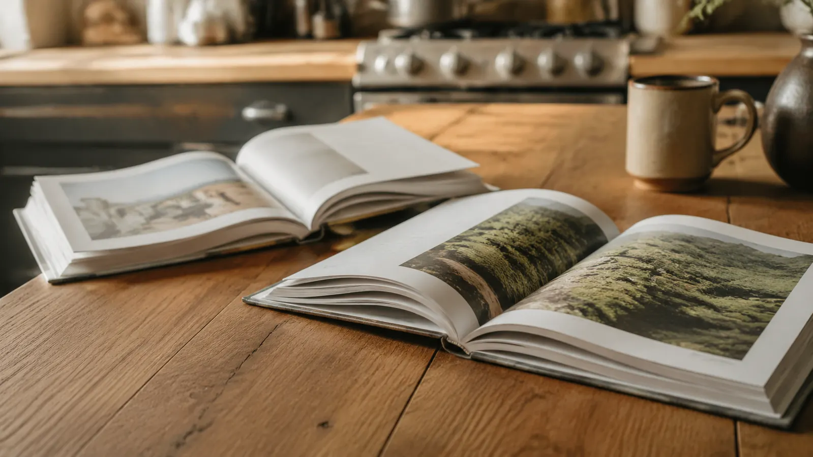 Two personal finance books side by side on a kitchen table with a cup of coffee nearby