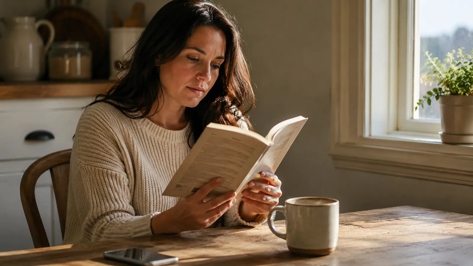 Person sitting at a kitchen table reading a thin investing book with a cup of coffee nearby