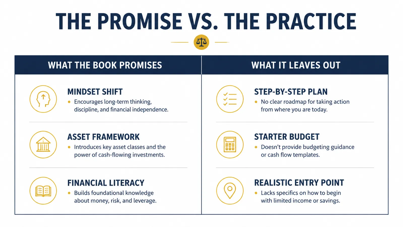 Chart comparing what Rich Dad Poor Dad promises versus what it actually delivers, two columns