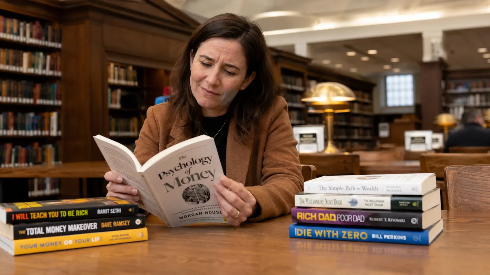 Person sitting at a library table surrounded by personal finance books, looking skeptical and thoughtful while reading