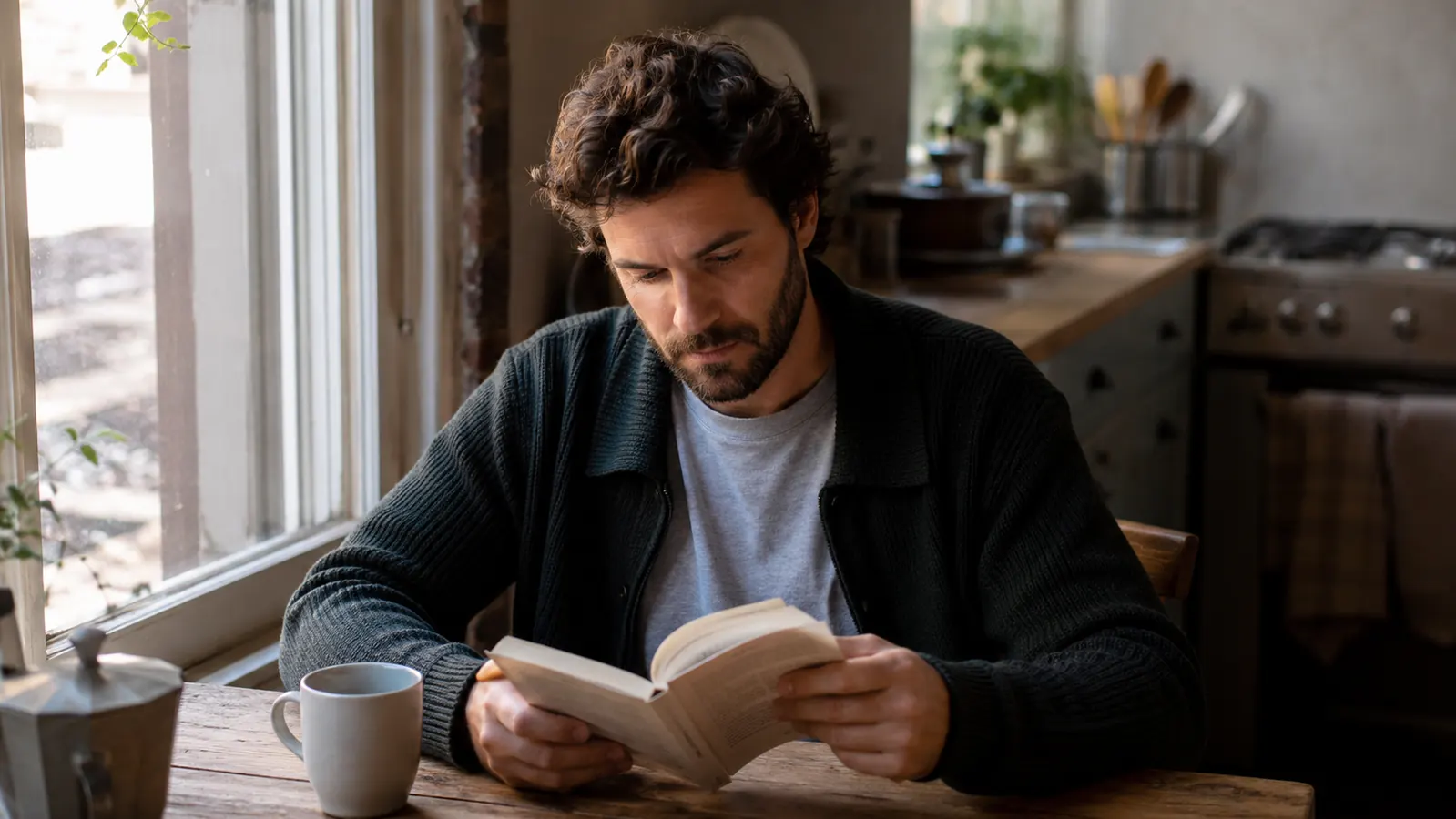 Person sitting at a kitchen table reading a personal finance book with a cup of coffee nearby