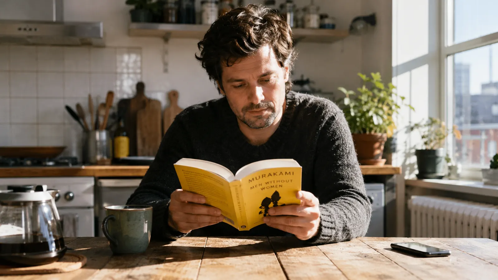 Person reading a personal finance book at a kitchen table with a cup of coffee, morning light coming through a window
