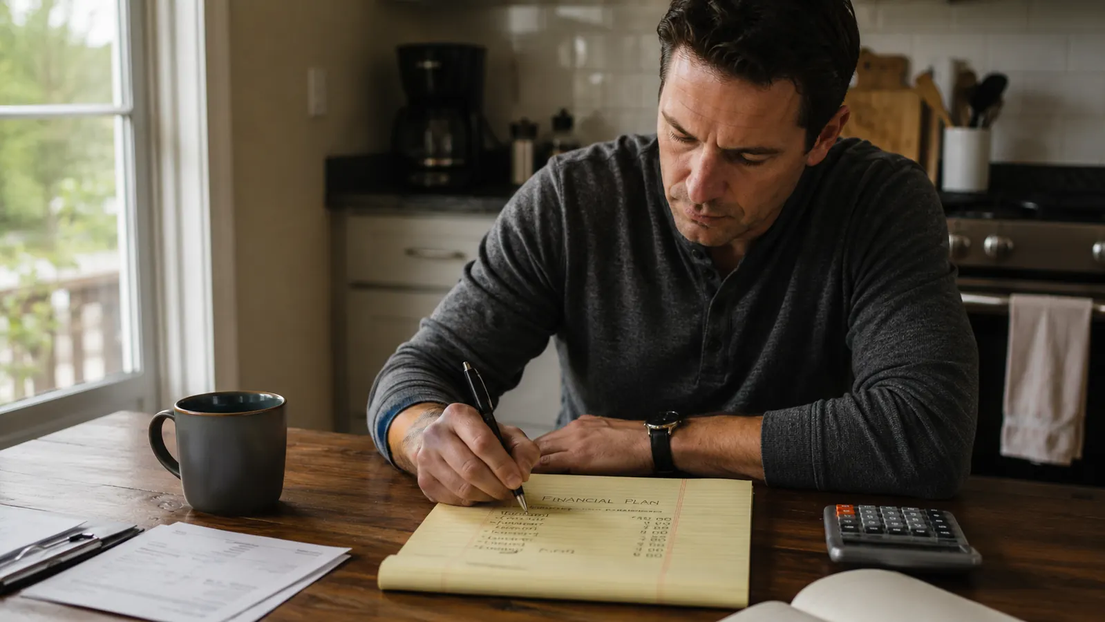 Person at a kitchen table writing a budget plan with a calculator and coffee cup nearby