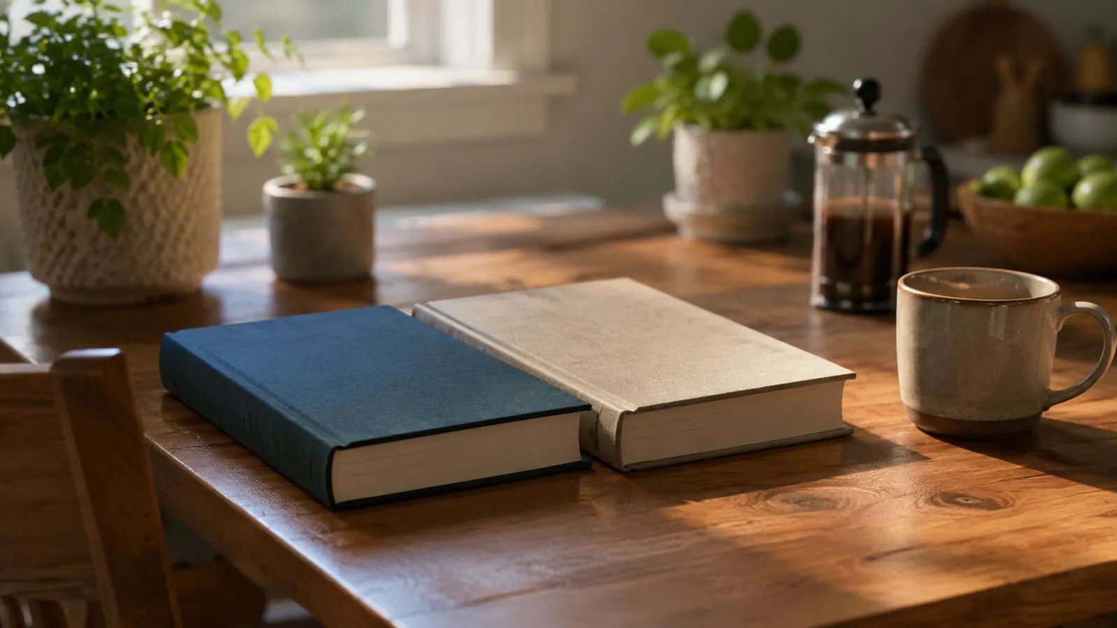 Two personal finance books side by side on a wooden kitchen table with a cup of coffee