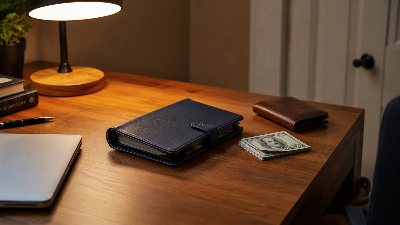 SKYDUE Budget Binder closed on a desk next to a wallet and folded cash bills, ready for a grocery run
