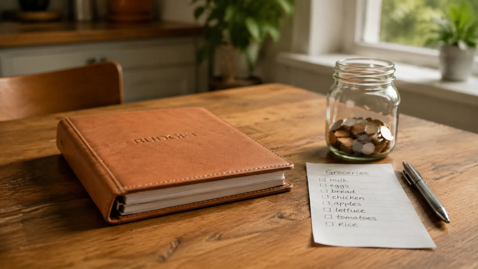A budget binder sitting closed on a kitchen table next to a small jar of coins and a handwritten grocery list