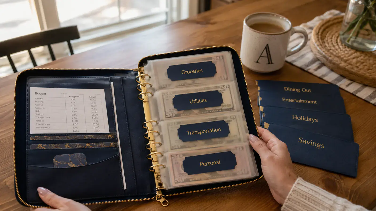 SKYDUE budget binder open on a kitchen table next to a cup of coffee and labeled cash envelopes