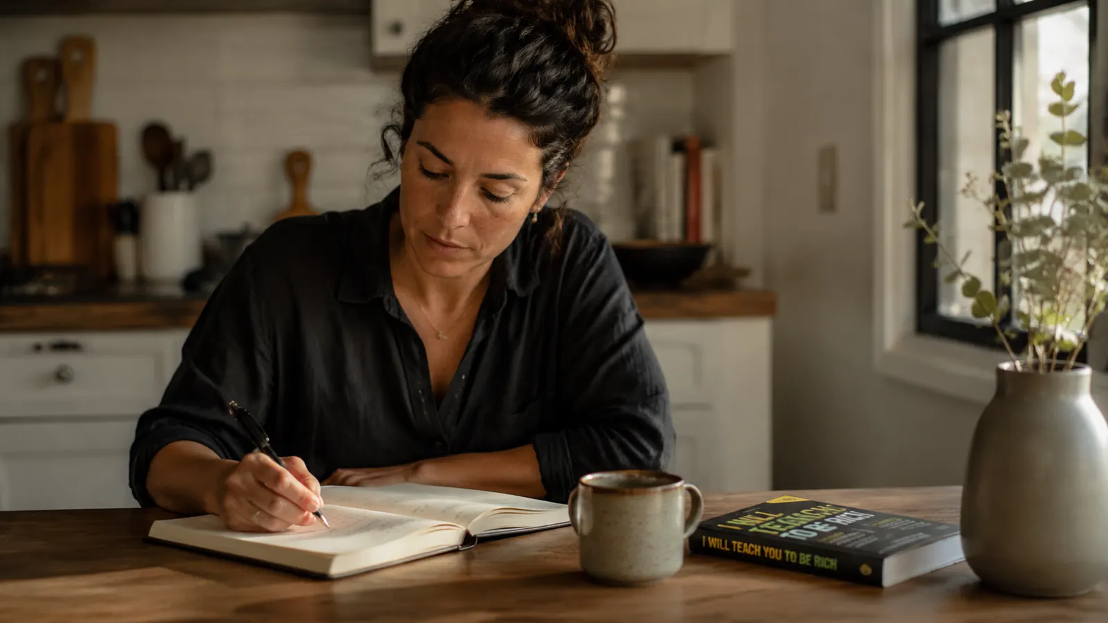 Woman at kitchen table with a budget notebook, coffee mug, and a copy of The Total Money Makeover open in front of her