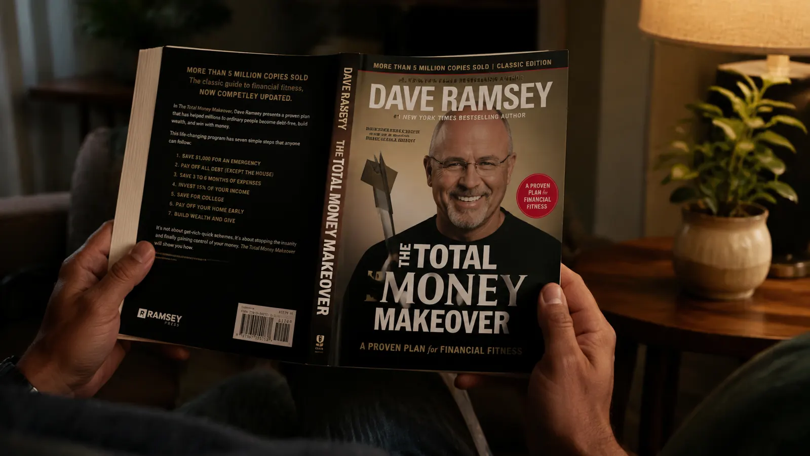 The Total Money Makeover book held open to a chapter page, showing the debt snowball concept in a living room setting