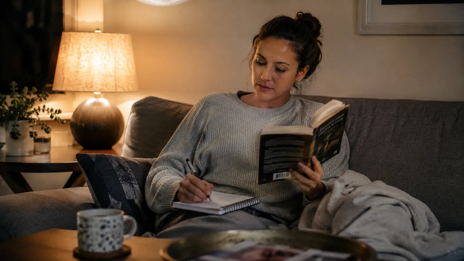 Person sitting on a couch reading a book and taking notes in a financial journal, relaxed evening at home
