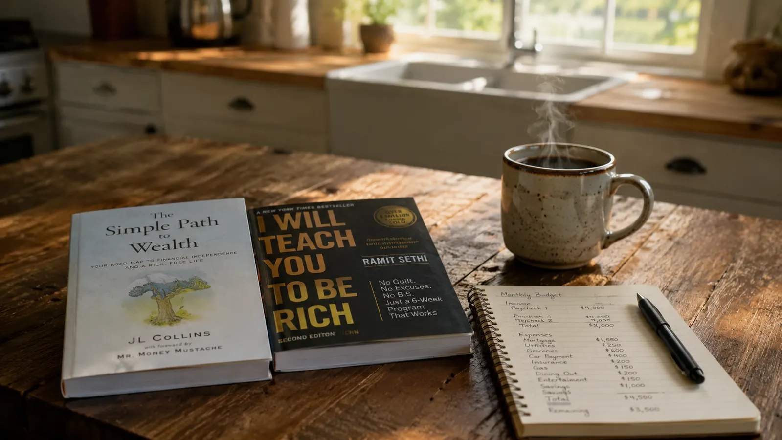 Two personal finance books side by side on a kitchen table next to a cup of coffee and a notepad with a budget written on it